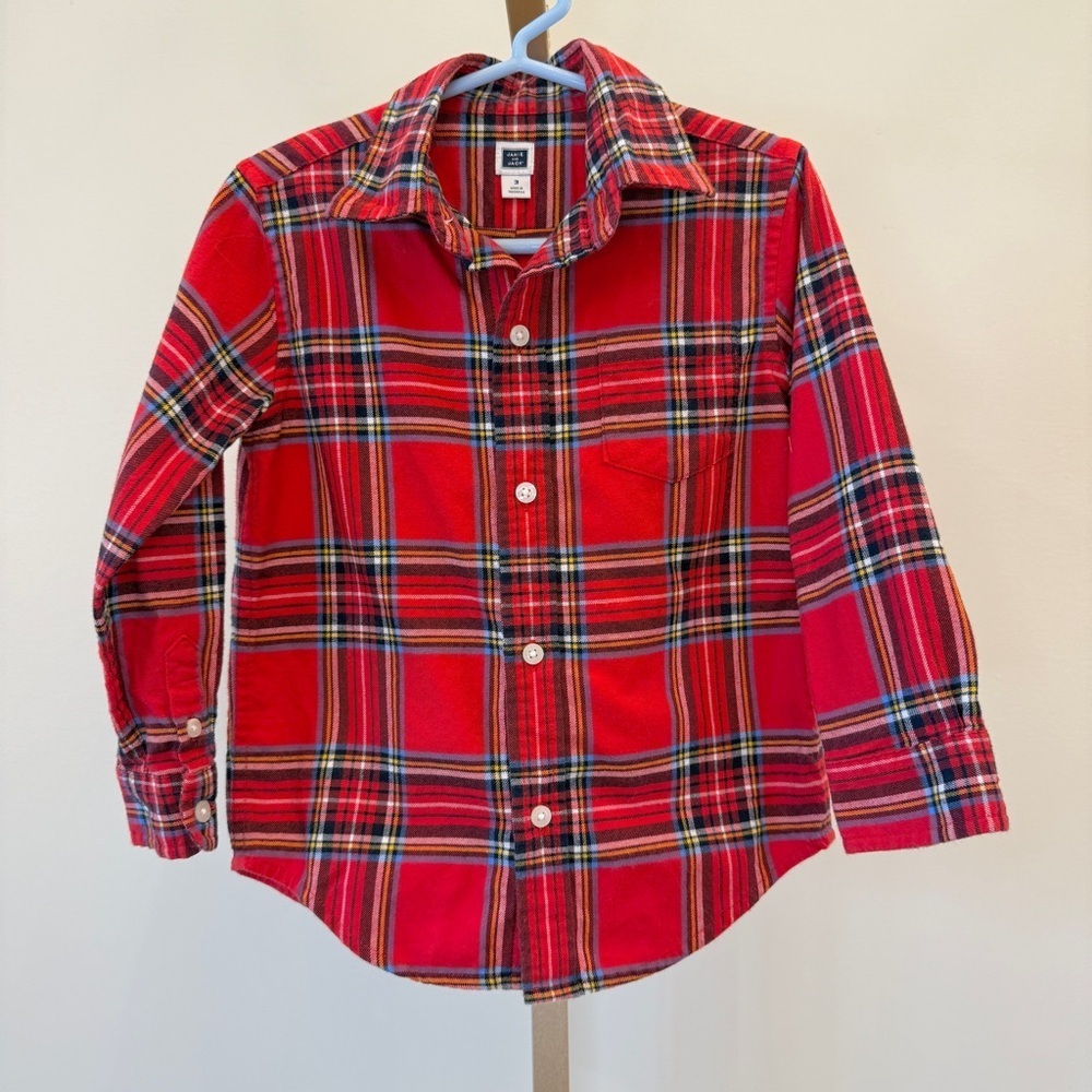 Janie & Jack Boys Red Plaid Button-Up Shirt Size 3 Long Sleeve Collared Top
